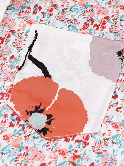 Fiery Red Floral Patchwork Button-Up Blouse with Front Pocket