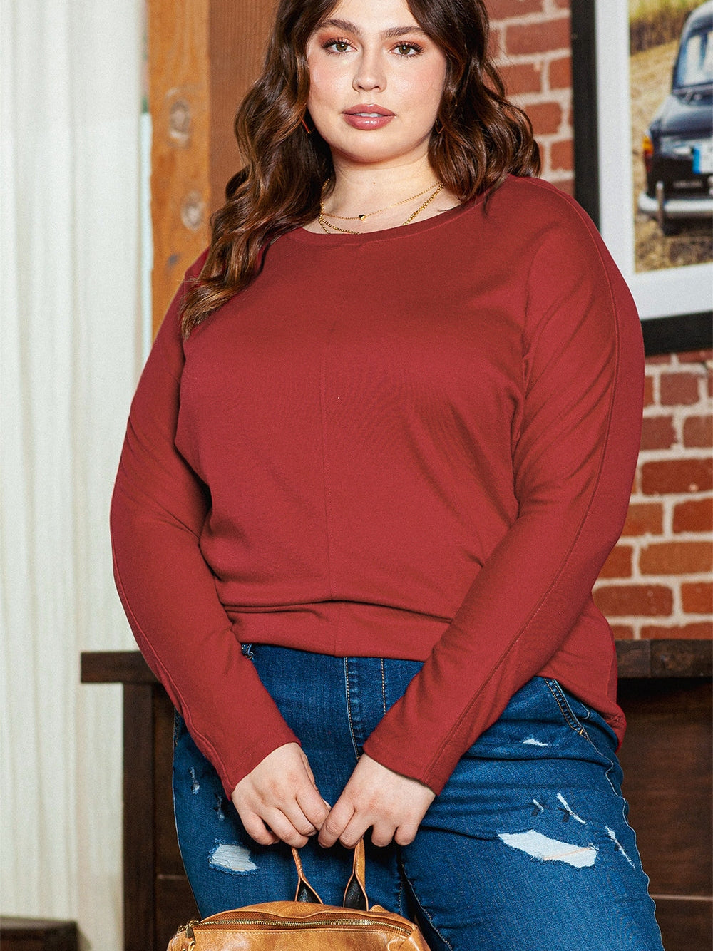 Red Dahlia Piping Detail Plus Size Long Sleeve Top