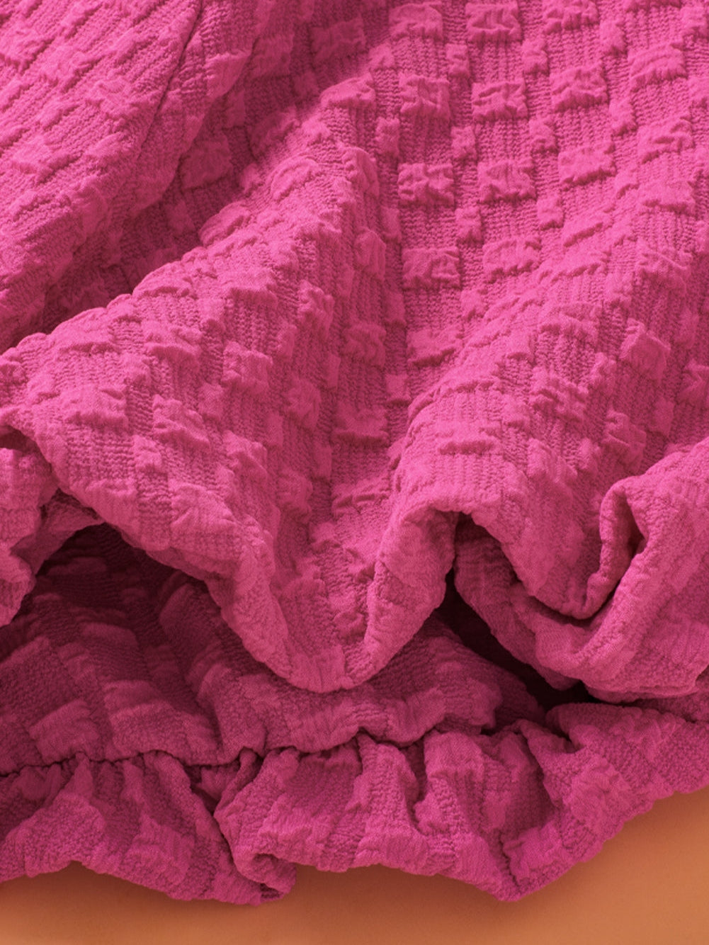 Coral Paradise Solid Textured Bubble Sleeve Plus Size Blouse