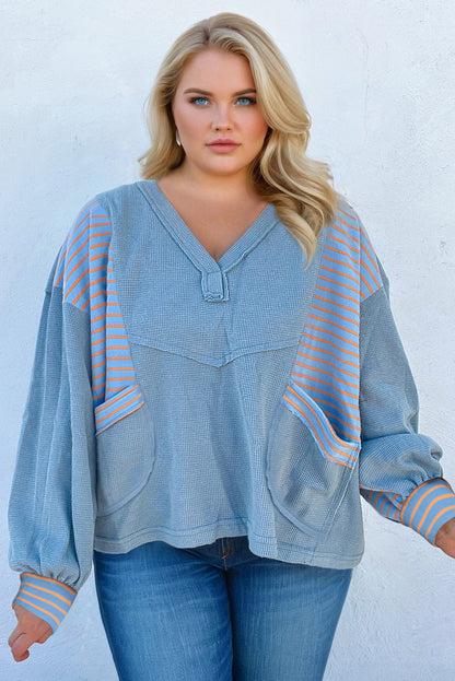 Dusk Blue Raw Seam Waffle Striped Patchwork V Neck Pocketed Plus Size Loose Top