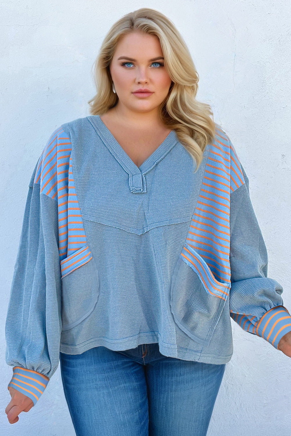 Dusk Blue Raw Seam Waffle Striped Patchwork V Neck Pocketed Plus Size Loose Top