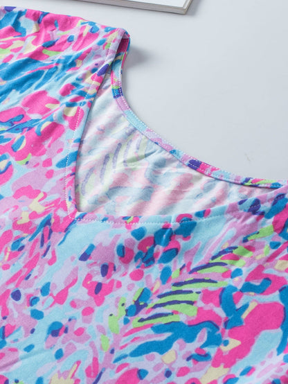 Sky Blue Floral Print Ruffle Sleeve Plus Size V Neck Top