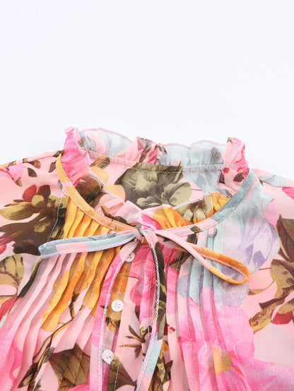 Floral Delight Pink Ruffle Tiered Puff Sleeve Blouse