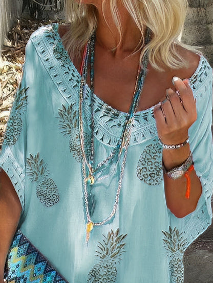 Mini Dresses - Casual Loose Lace V Neck Pineapple Print Mini Dress - MsDressly