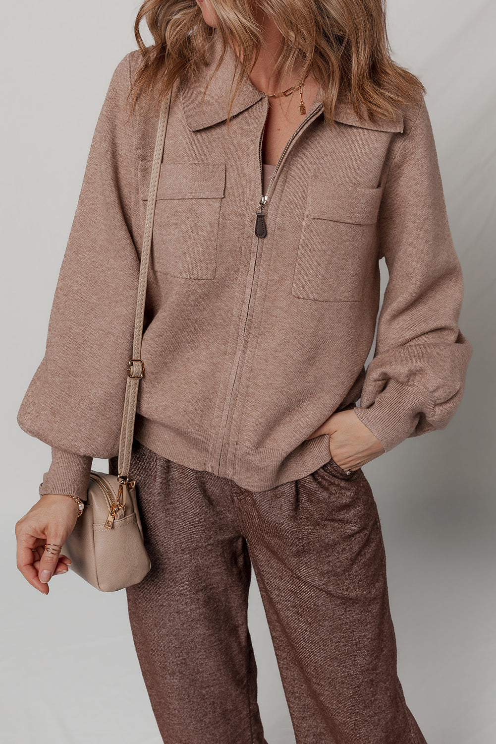 Old Rose Flap Chest Pocket Full Zipper Bubble Sleeve Collared Short Cardigan