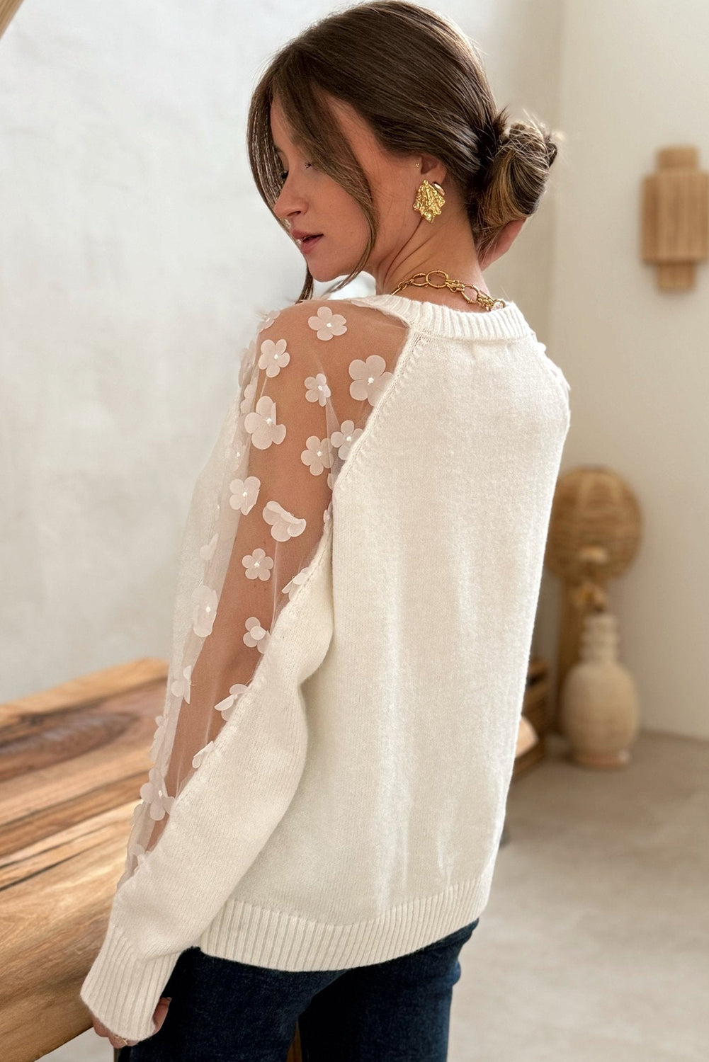 White Flower Applique Mesh Patchwork Sleeve Ribbed Trim Sweater