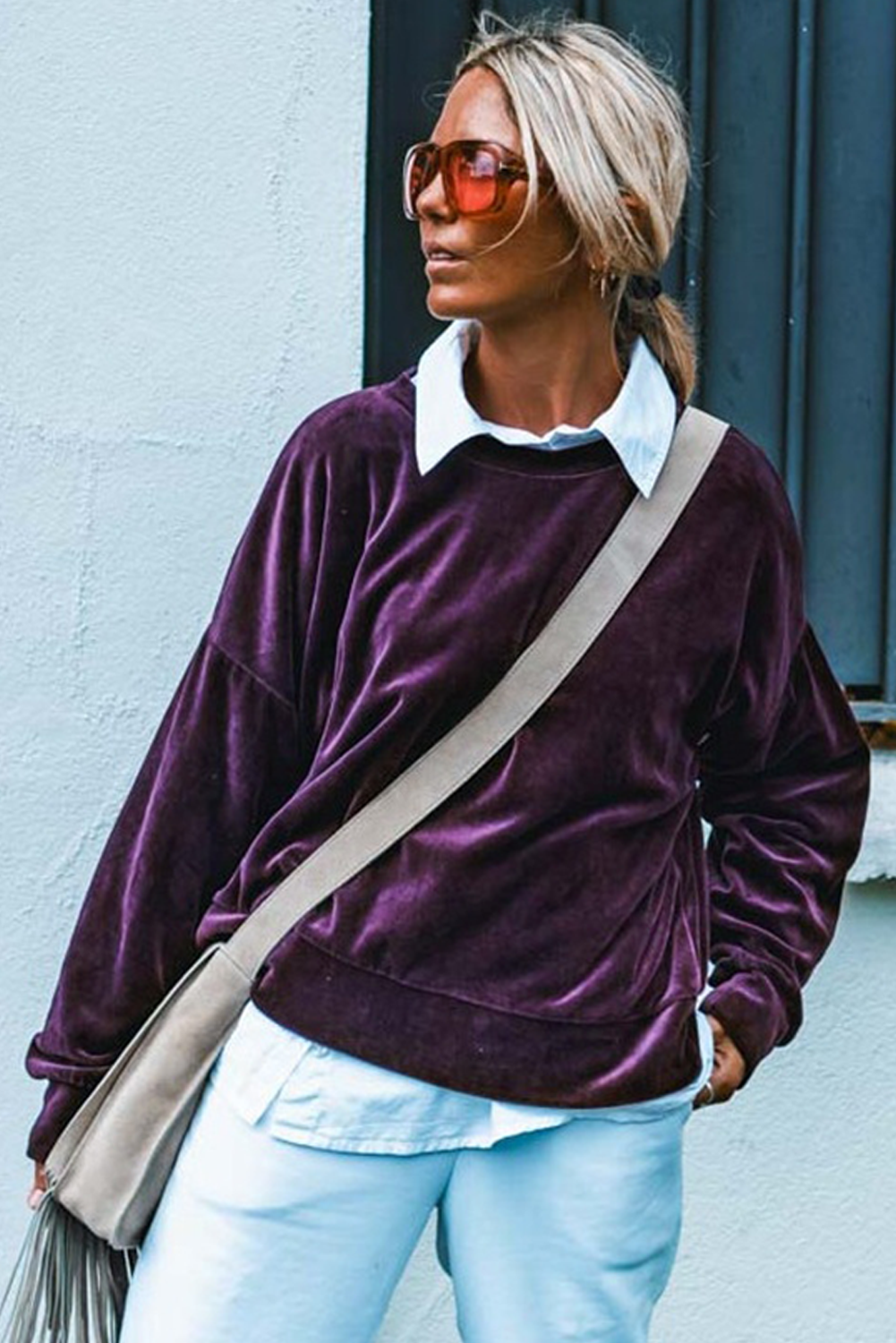 Grape Wine Long Sleeve Drop Shoulder Round Neck Loose Velvet Top