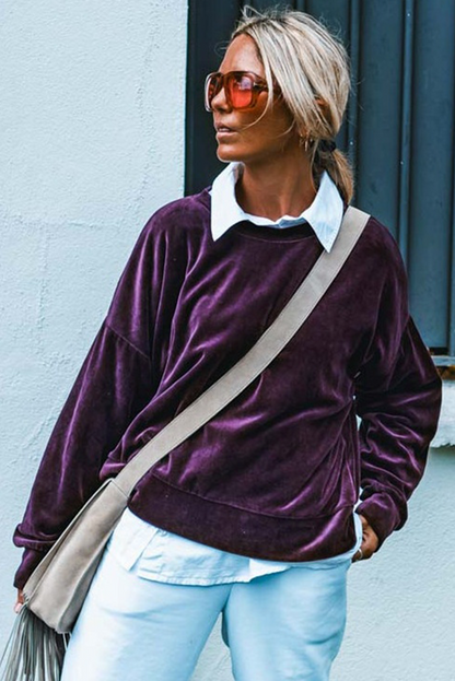 Grape Wine Long Sleeve Drop Shoulder Round Neck Loose Velvet Top