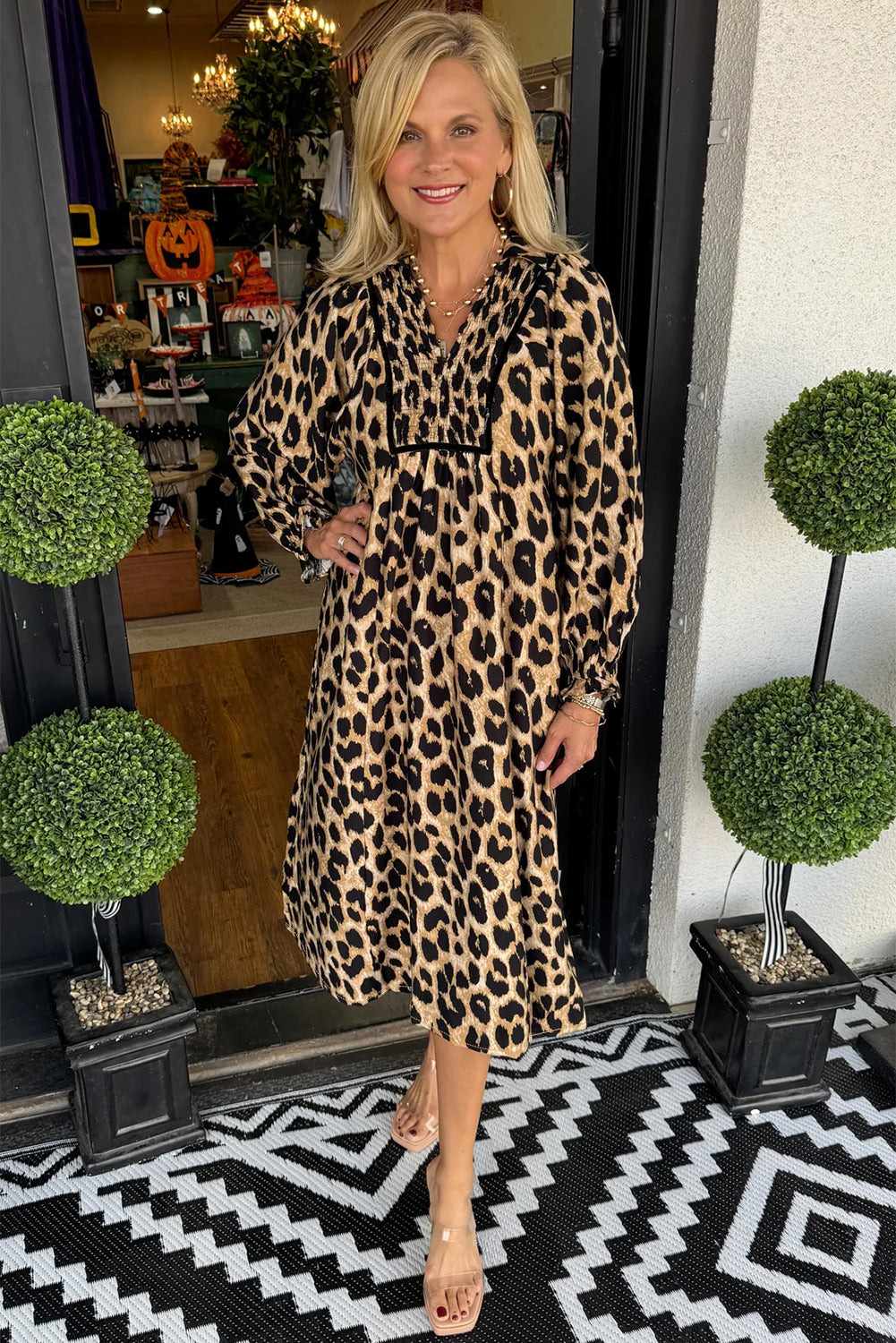 Brown Leopard Print Smocked Front Flowy Midi Dress