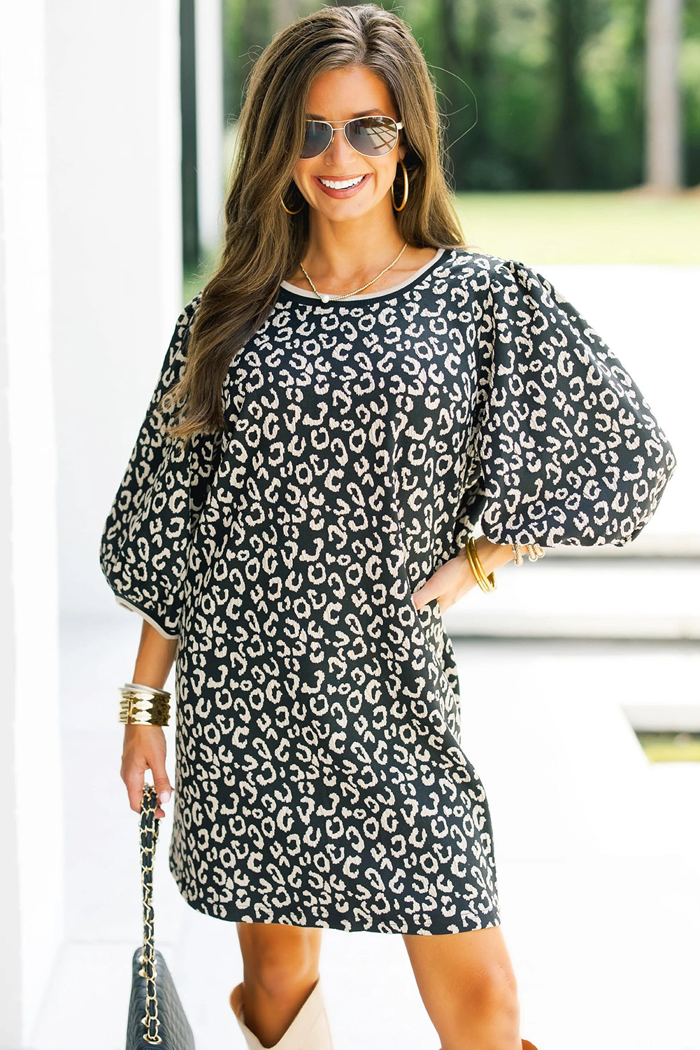 Black Leopard Print Bubble Sleeve Shift Mini Dress