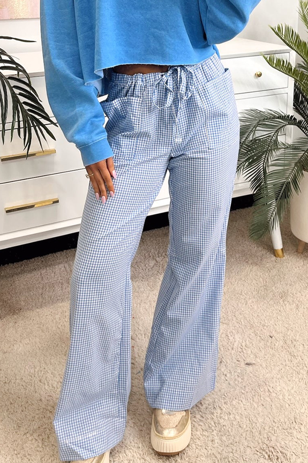 Sky Blue Gingham Drawstring Flared Leg Pants