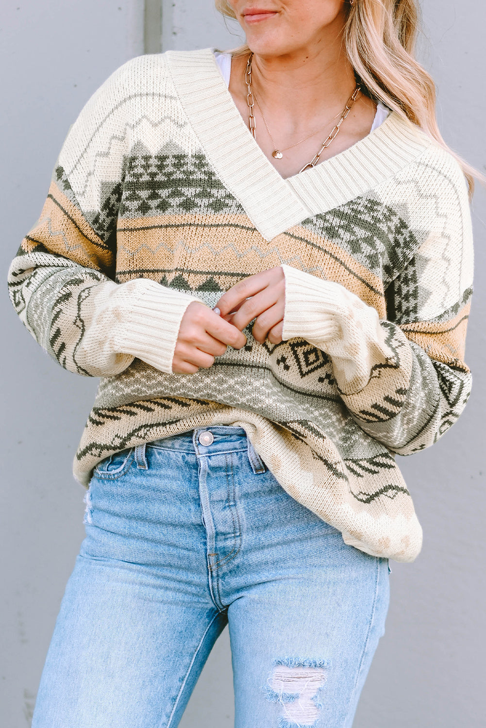 Khaki Aztec Print V Neck Sweater with Ribbed Texture