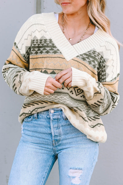 Khaki Aztec Print V Neck Sweater with Ribbed Texture