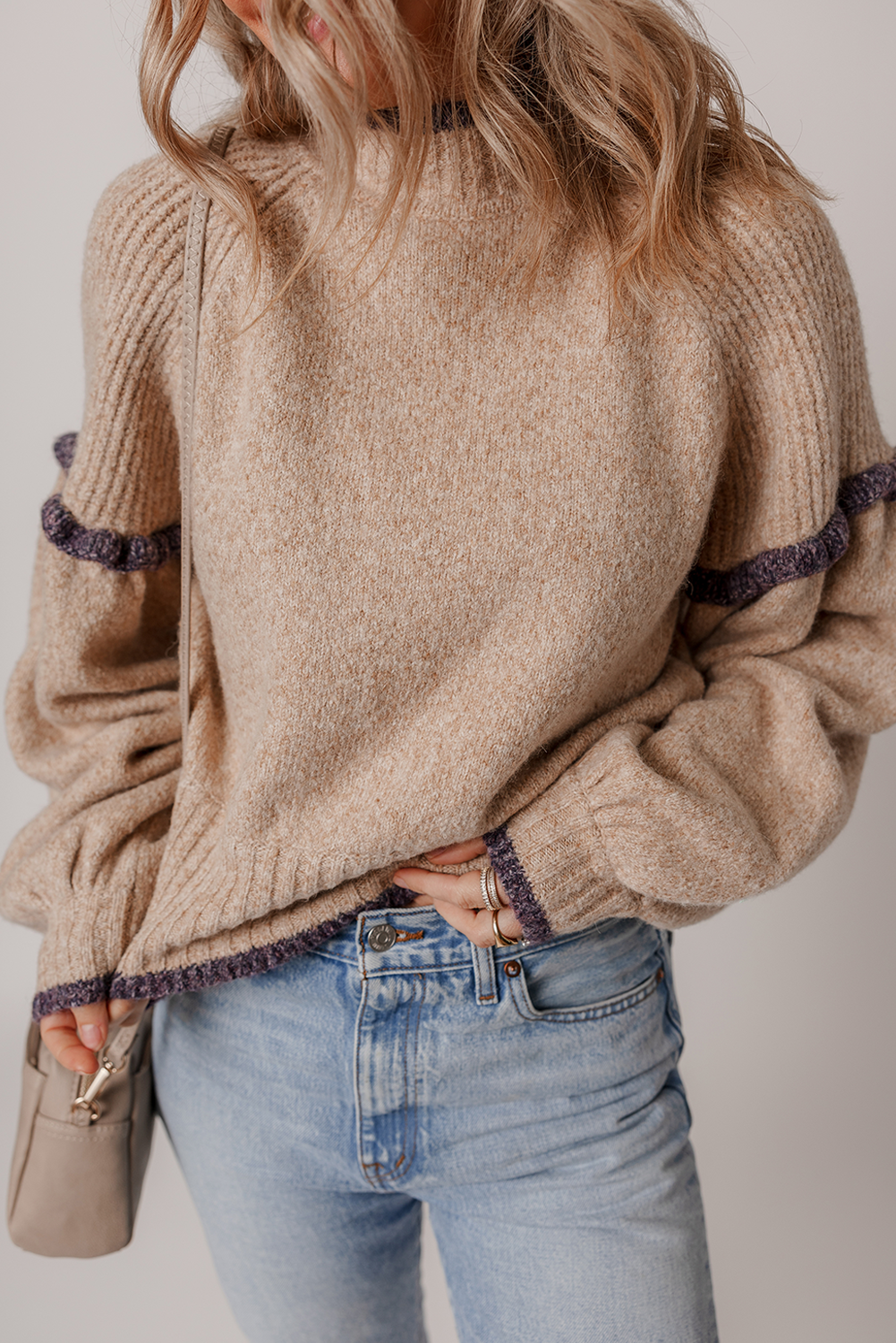 Smoke Gray Ribbed Texture Mixed Contrast Trim High Neck Drop Shoulder Sweater