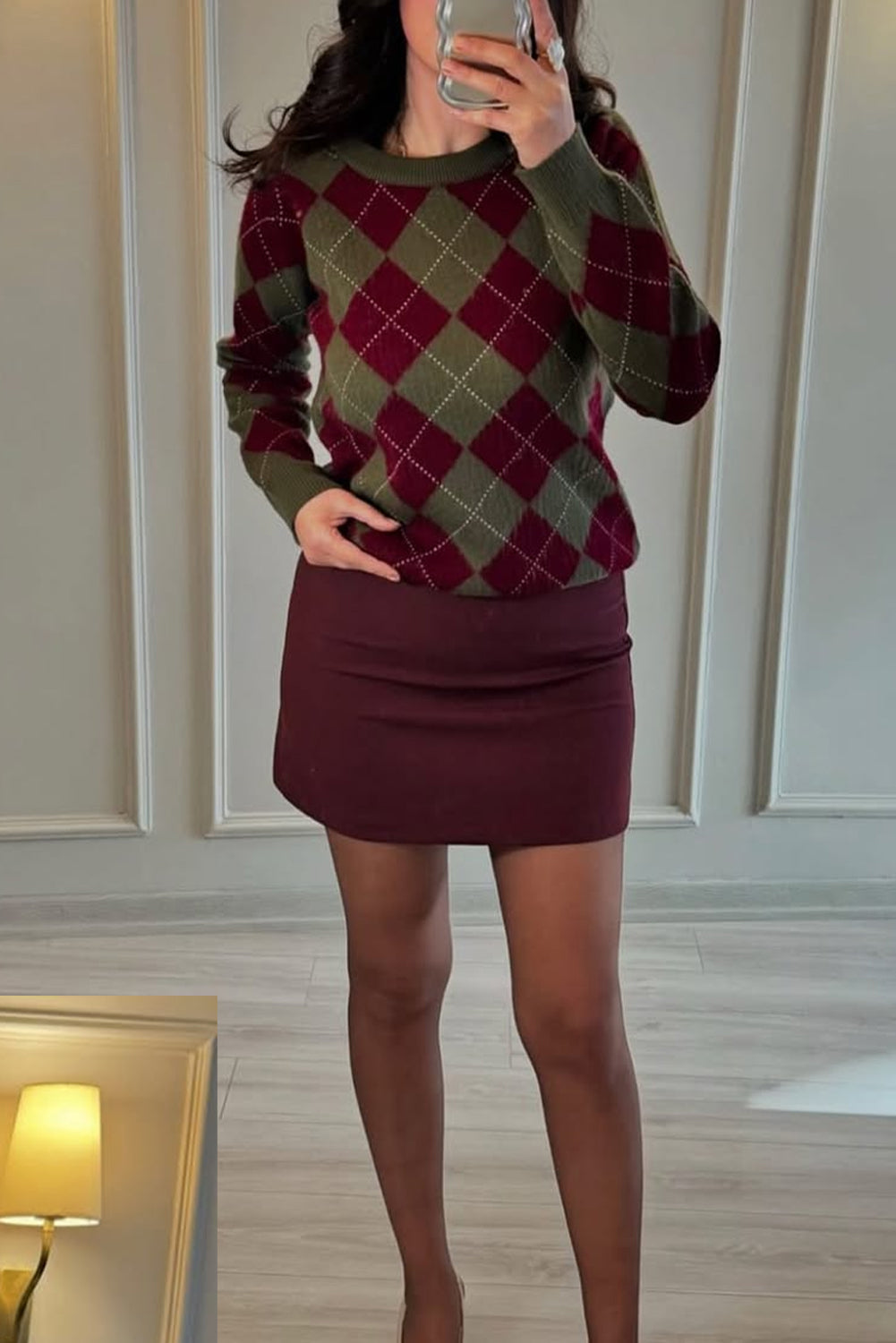 Green Vintage Argyle Knit Round Neck Sweater