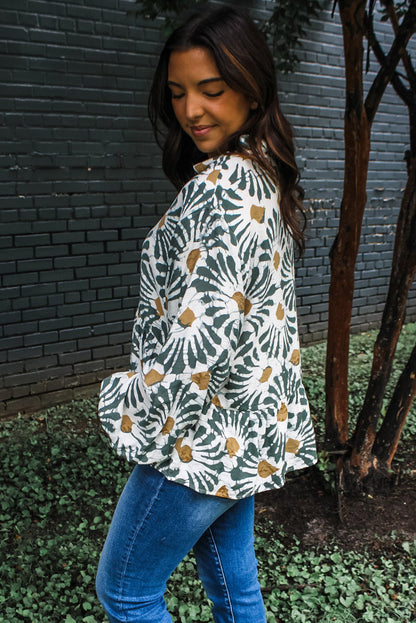 Green Abstract Floral Print Ruffle Hem Long Sleeve Shirt