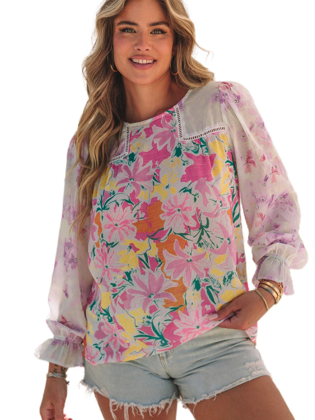 Elegant Purple Floral Lace Trim Shift Blouse