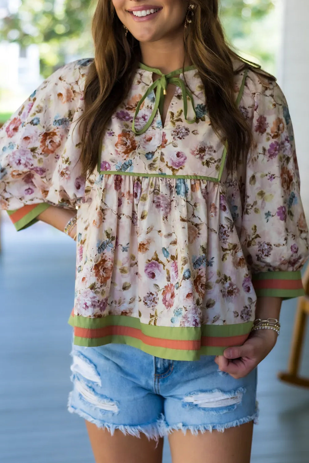 Beige Floral Print Contrast Trim Tie Neck Bracelet Sleeve Blouse