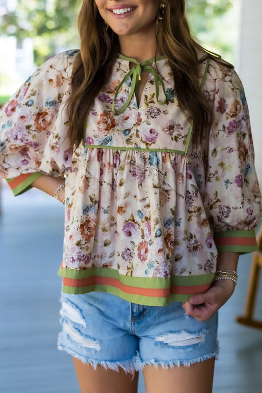 Beige Floral Print Contrast Trim Tie Neck Bracelet Sleeve Blouse