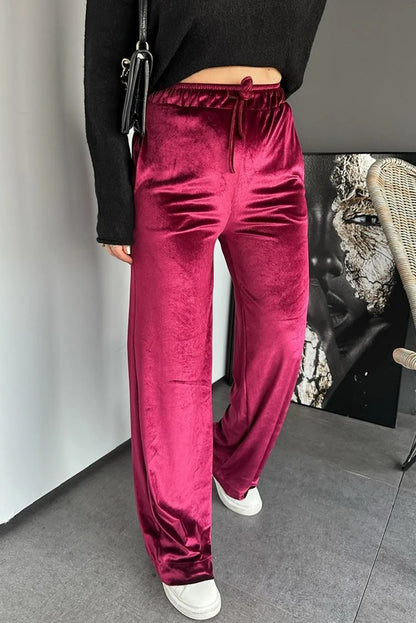 Pitaya Pink Shiny Velvet Drawstring High Waist Straight Leg Casual Pants