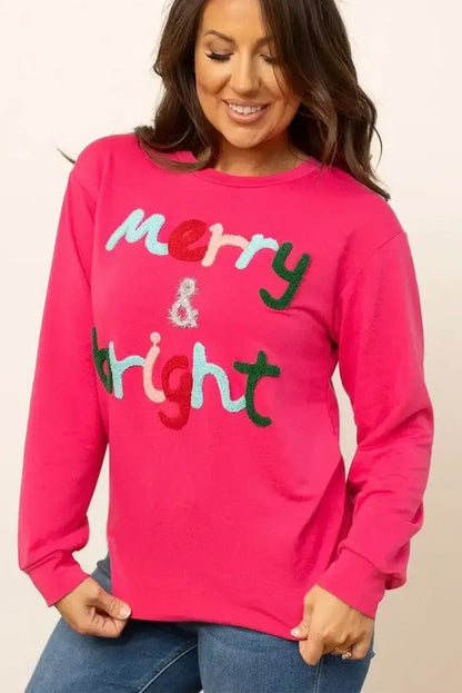 Rose Red Merry & Bright Christmas Letter Graphic Sweatshirt