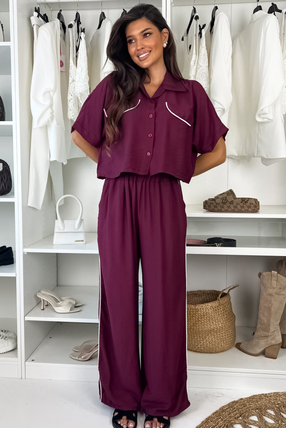 Grape Wine Contrast Piping Cropped Short Sleeve Shirt and Loose High Waist Pants 2pcs Pajama Set