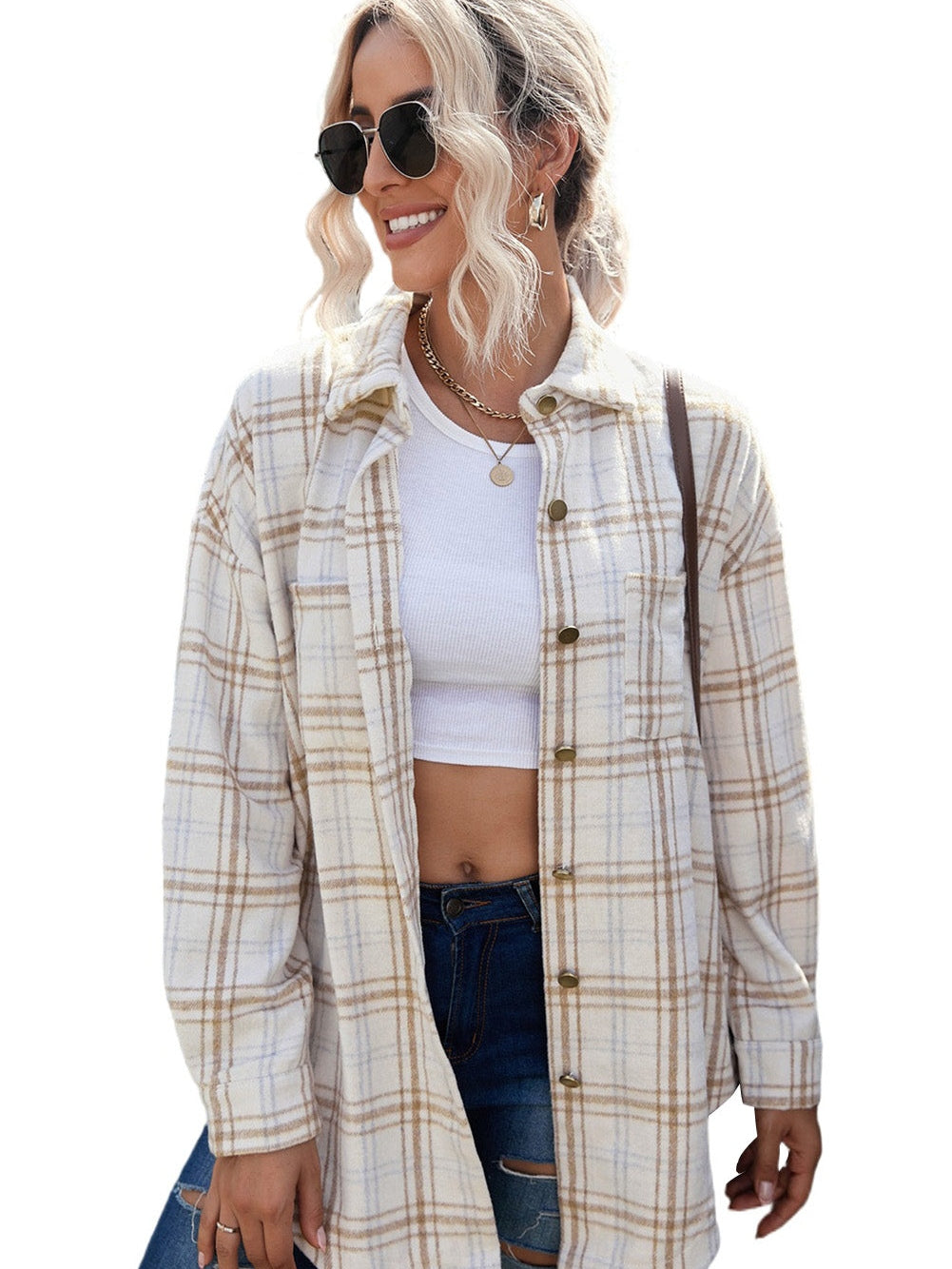 Khaki Plaid Button-Up Shirt Jacket with Side Slits