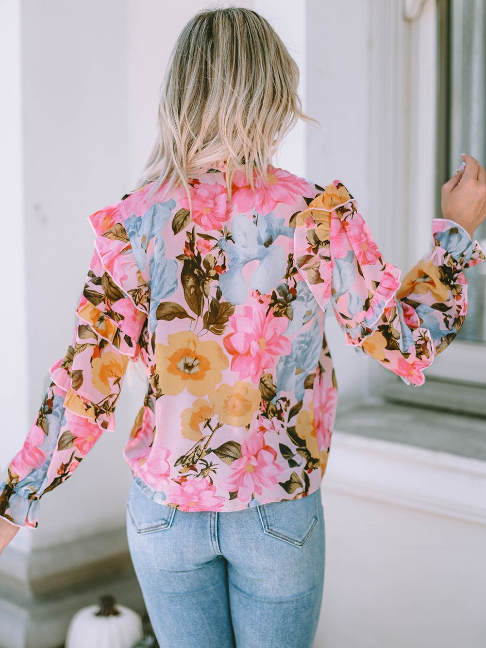 Floral Delight Pink Ruffle Tiered Puff Sleeve Blouse