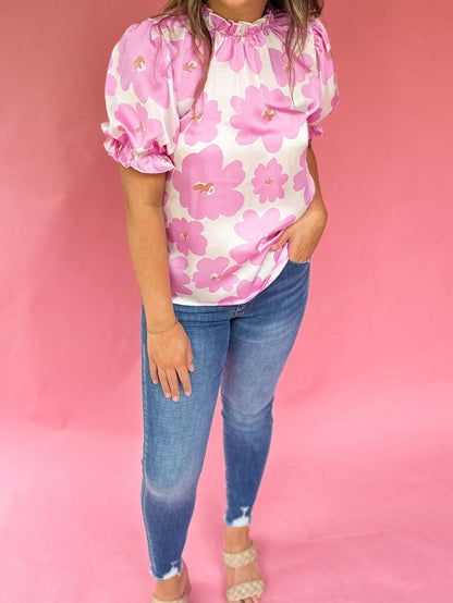 Purple Floral Ruffled Mock Neck Puff Sleeve Plus Size Blouse