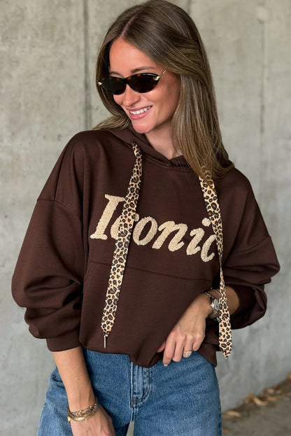 Dark Brown Iconic Lettering Graphic Hooded Sweatshirt