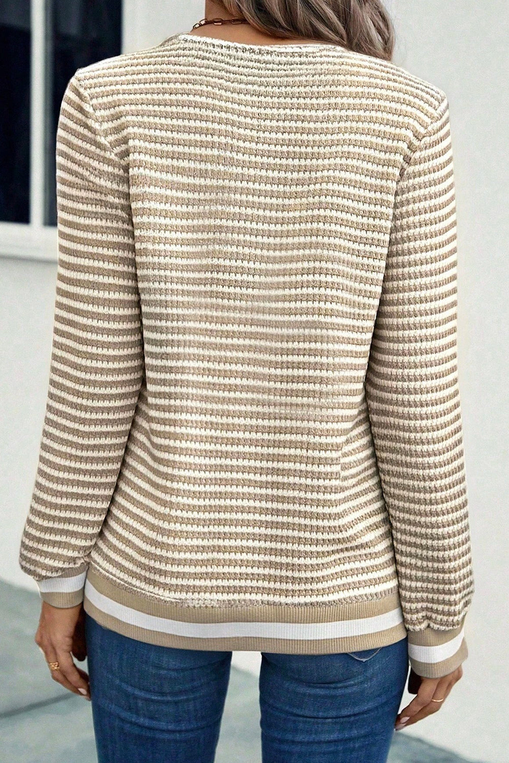 Beige Striped Knit V Neck Casual Sweater