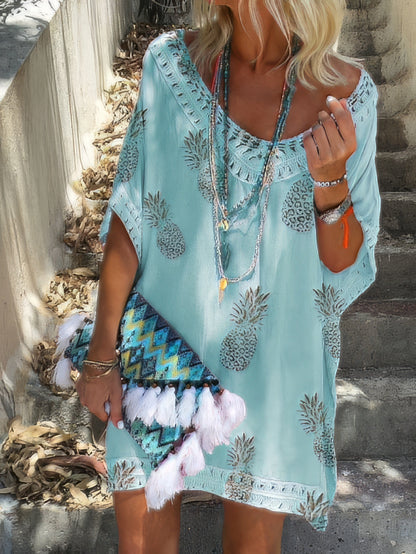 Mini Dresses - Casual Loose Lace V Neck Pineapple Print Mini Dress - MsDressly