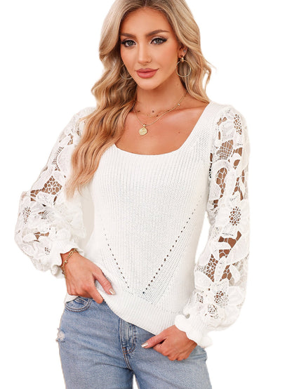 Elegant White Lace Sleeve Knit Sweater