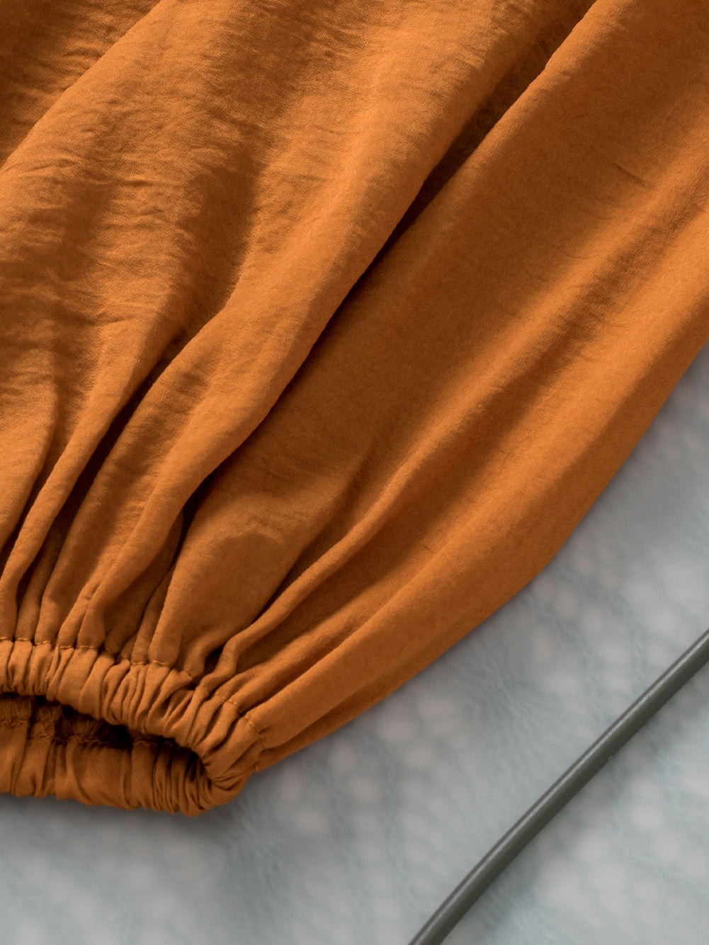 Graceful Camel Satin Pleated V Neck Puff Sleeve Blouse