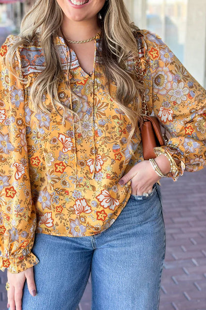 Yellow Floral Print Tie Notched Neck Long Sleeve Blouse