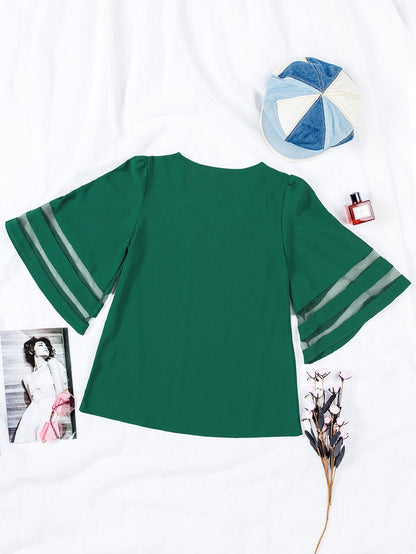 Green Sheer Flare Sleeve V Neck Casual Blouse