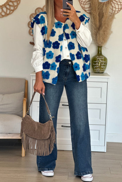 Sky Blue Plush Flower Embellishment Open Front Vest