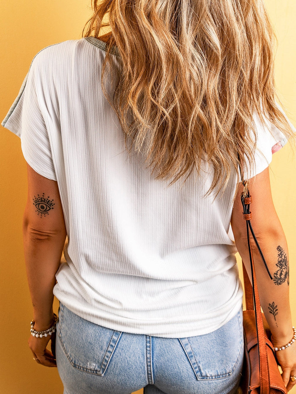 Trendy White Colorblock Patchwork Batwing Sleeve Ribbed Plus T-Shirt