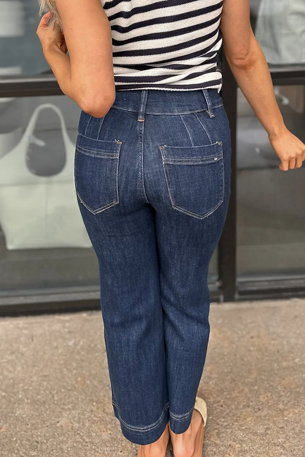 Dirty blue Contrast Seamed Straight Leg High Waist Jeans