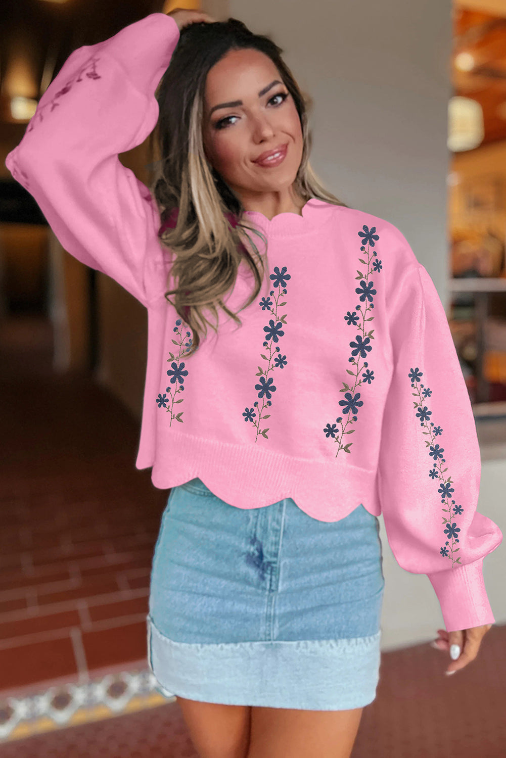Pink Floral Embroidered Scallop Hem Cropped Sweater