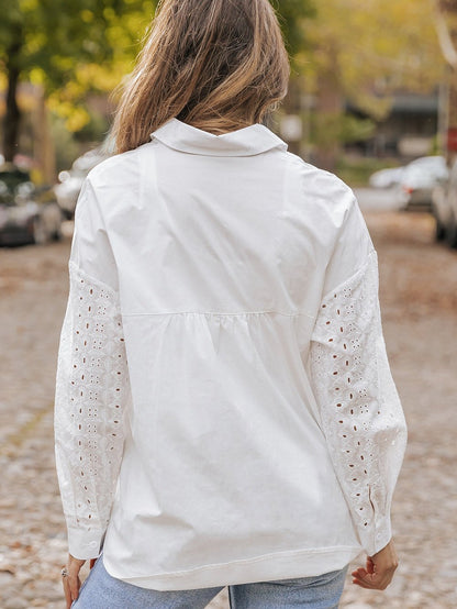 Elegant White Lace Embroidered Button-Up Shirt with Chest Pockets