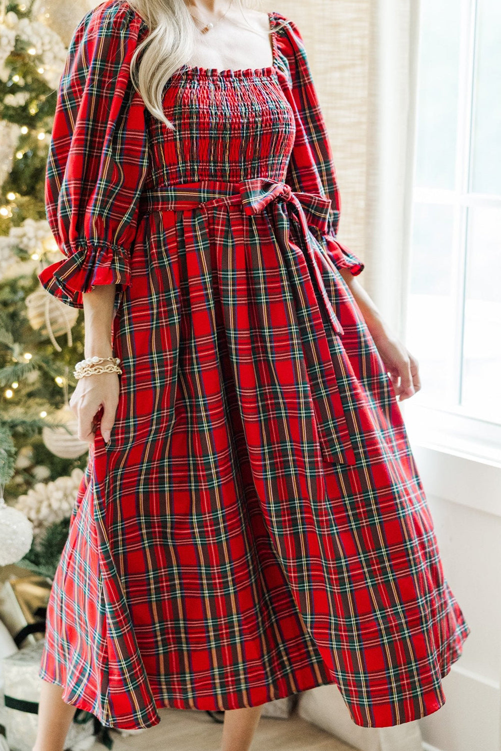 Red Tartan Plaid Square Neck Puff Sleeve Knot Waist Flared Midi Dress