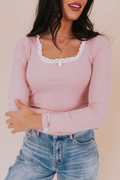 Light Pink Lace Trim Square Neck Ribbon Bow Ruched Cropped Top