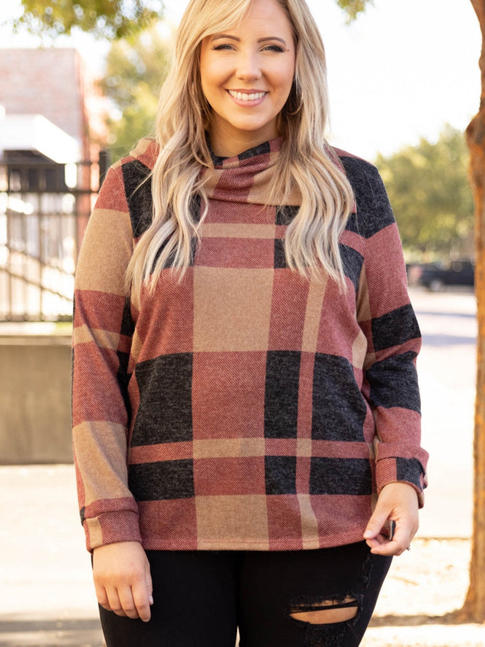 Mineral Red Geometric Print Plus Size Long Sleeve Collared Top