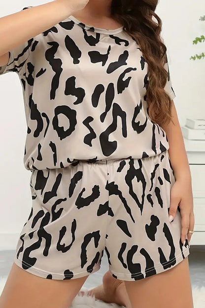 Taupe Leopard Print Plus Size Lounge Set with Tee and Shorts