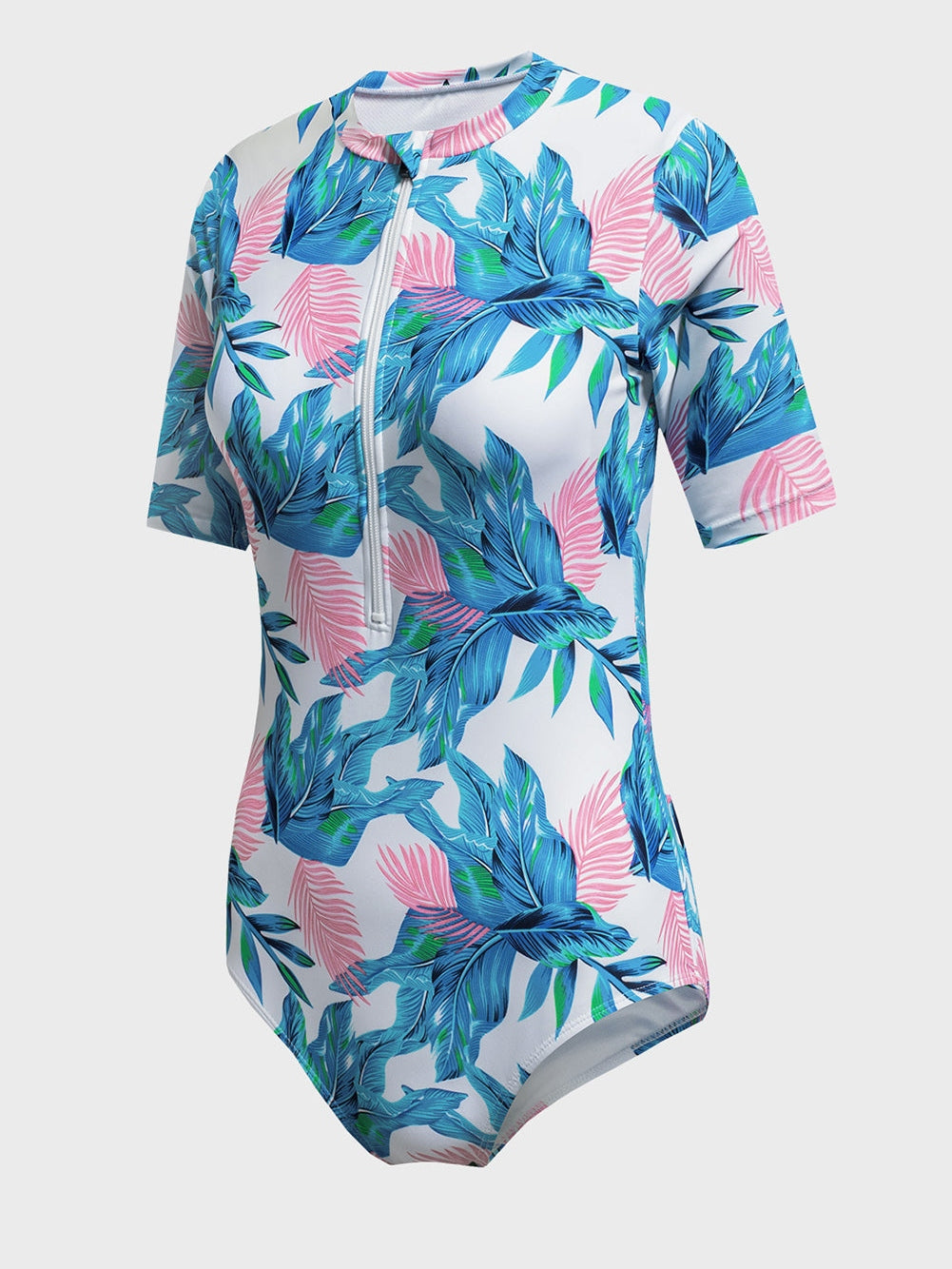 Floral Print Zip Front Half Sleeve Beach One Piece Swimsuit