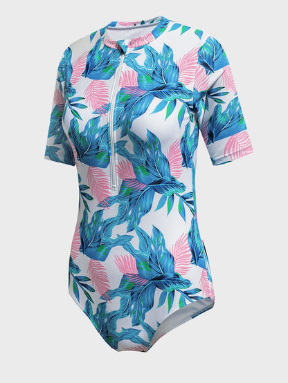 Floral Print Zip Front Half Sleeve Beach One Piece Swimsuit