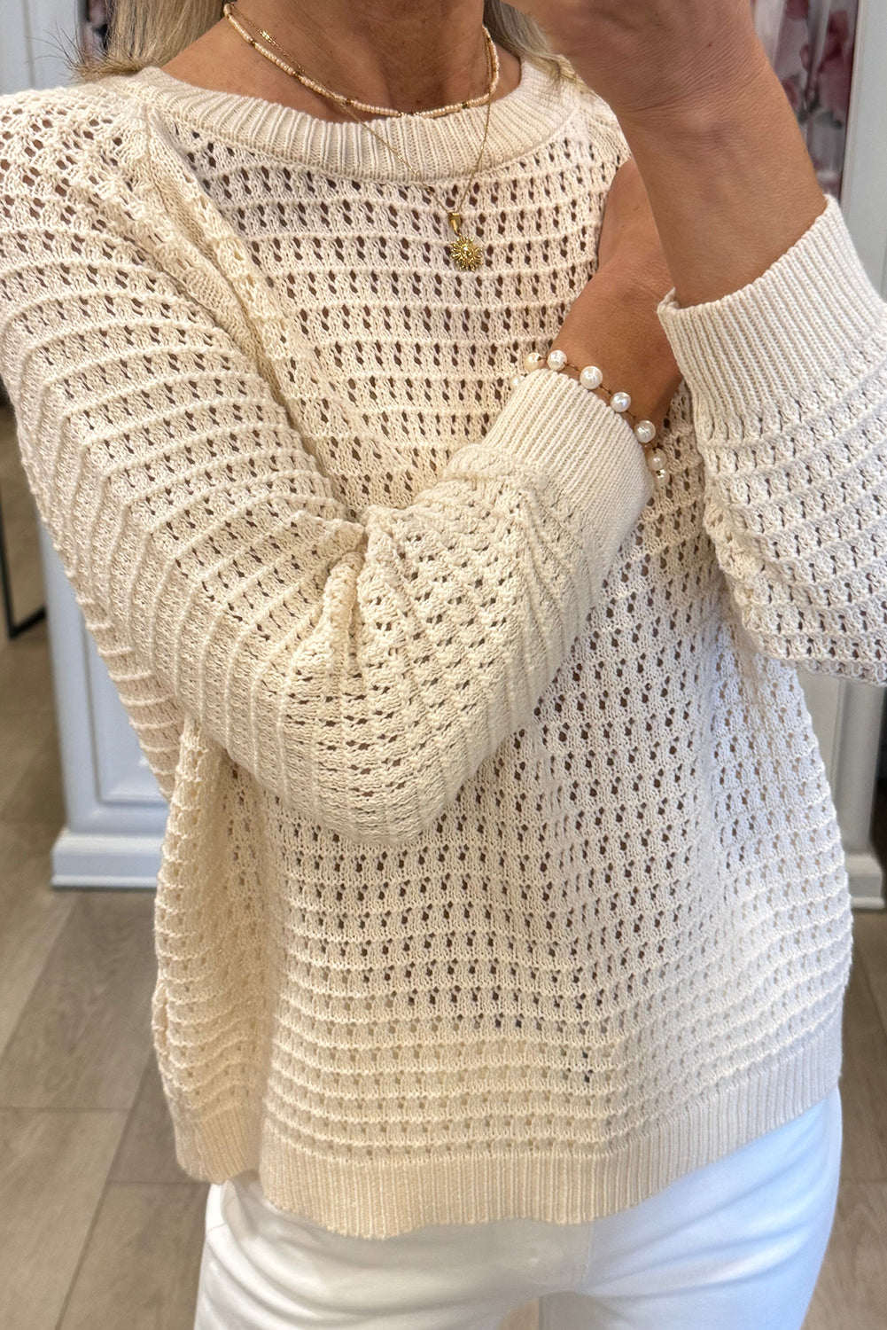 White Solid Color Pointellet Knit Raglan Sleeve Sweater