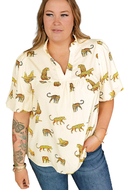 Wild Cheetah Print Beige Plus Size Puff Sleeve Blouse