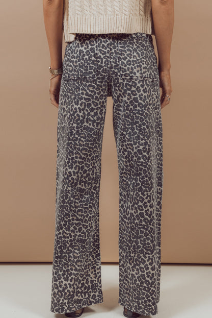 Black Leopard Print Wide Leg High Waist Jeans
